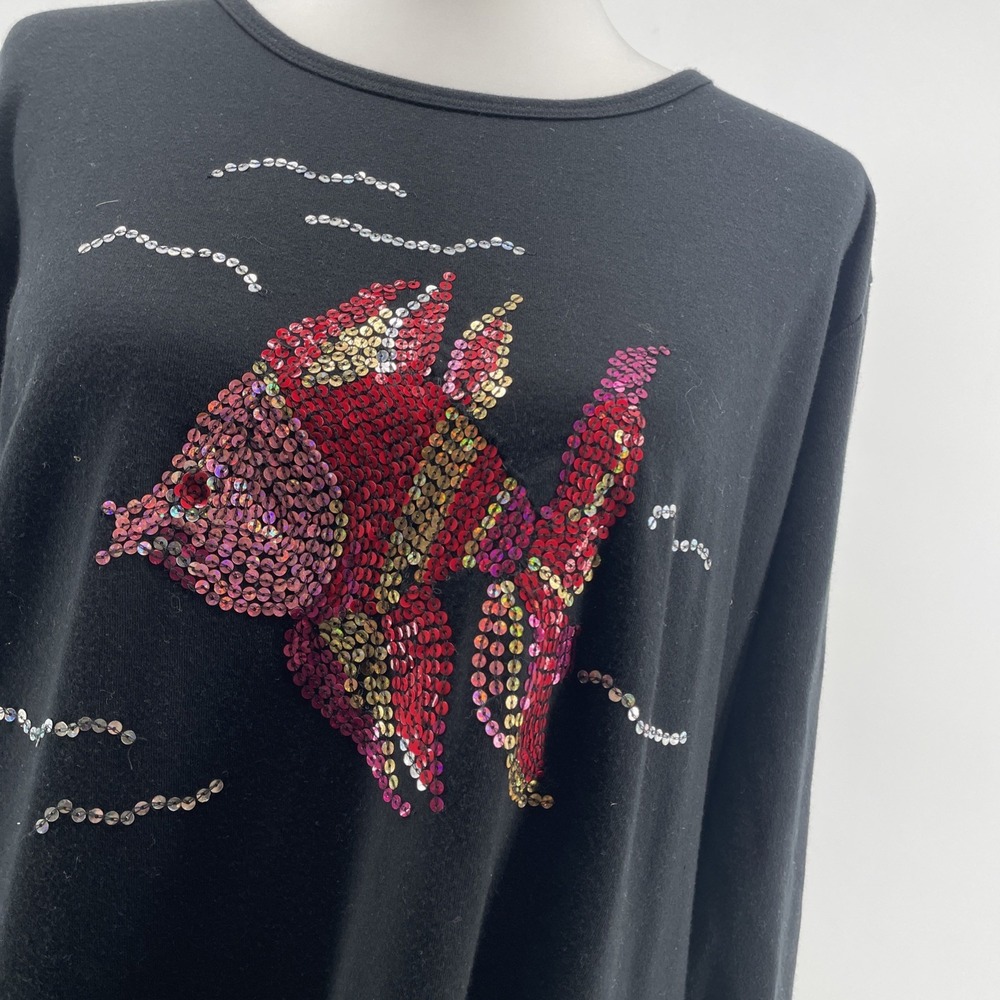 Quaker Factory Fish Top Womens Medium Black Cotton Blend Sequin Artsy Bling‎